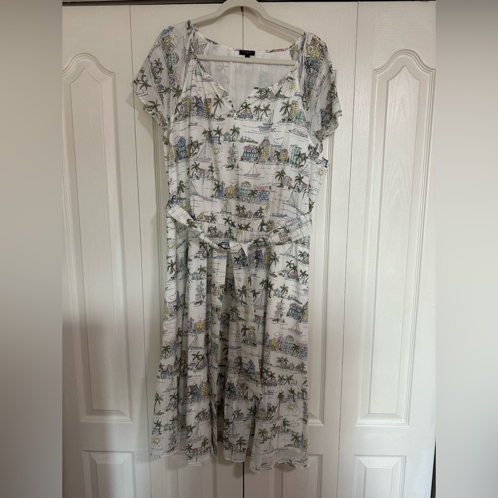 Talbots White Tropical Scene Cotton Poplin Midi Dress with Self-Tie Belt